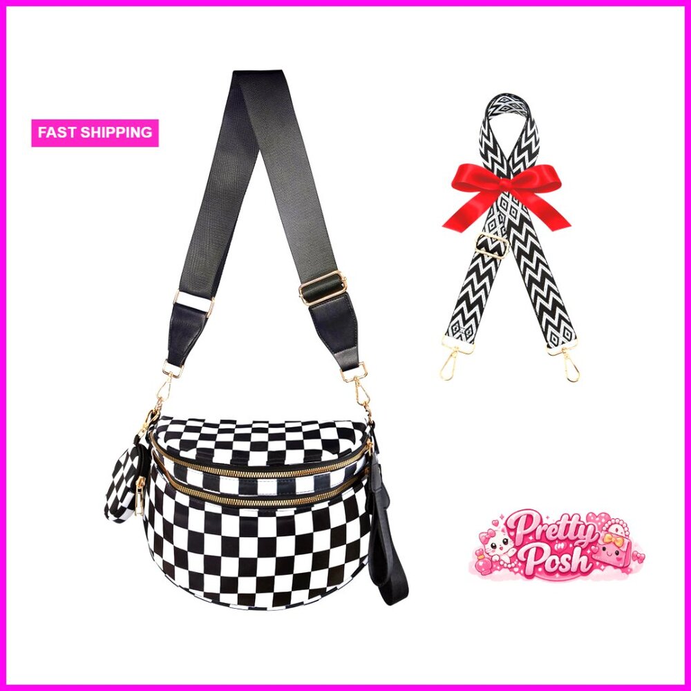 Checkered Crossbody Bag with Faux Leather and Nylon, Large Capacity, Dual Straps